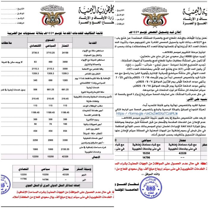 لأول مرة في تاريخ بعثات الحج اليمنية منذ نقل صلاحيات التفويج للوكالات.. الأوقاف تعلن فتح باب تسجيل الوكالات الراغبة بالتفويج دون تحديد سقف أعلى